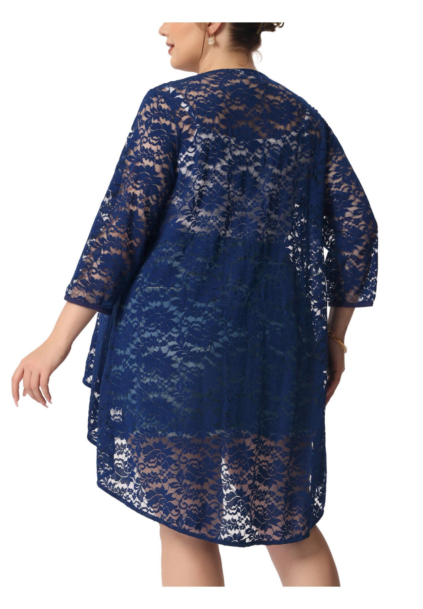 LIGHTWEIGHT 3/4 SLEEVE OPEN FRONT CROCHET LACE COVER UP, Navy Blue / Navy, alternate image number 4