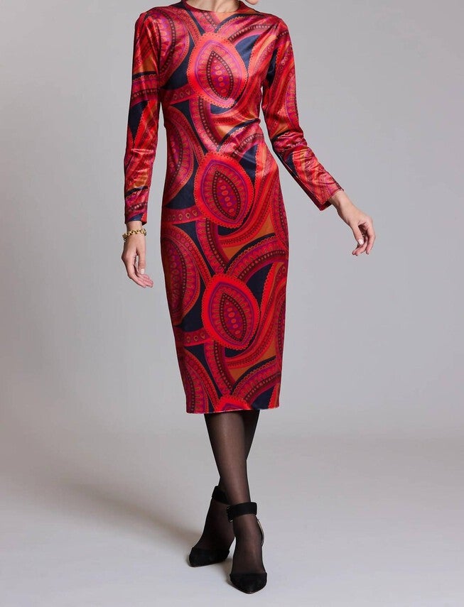 DANA MIDI VELVET PAISLEY DRESS IN MULTI, Multi / Red, hi-res image number 0