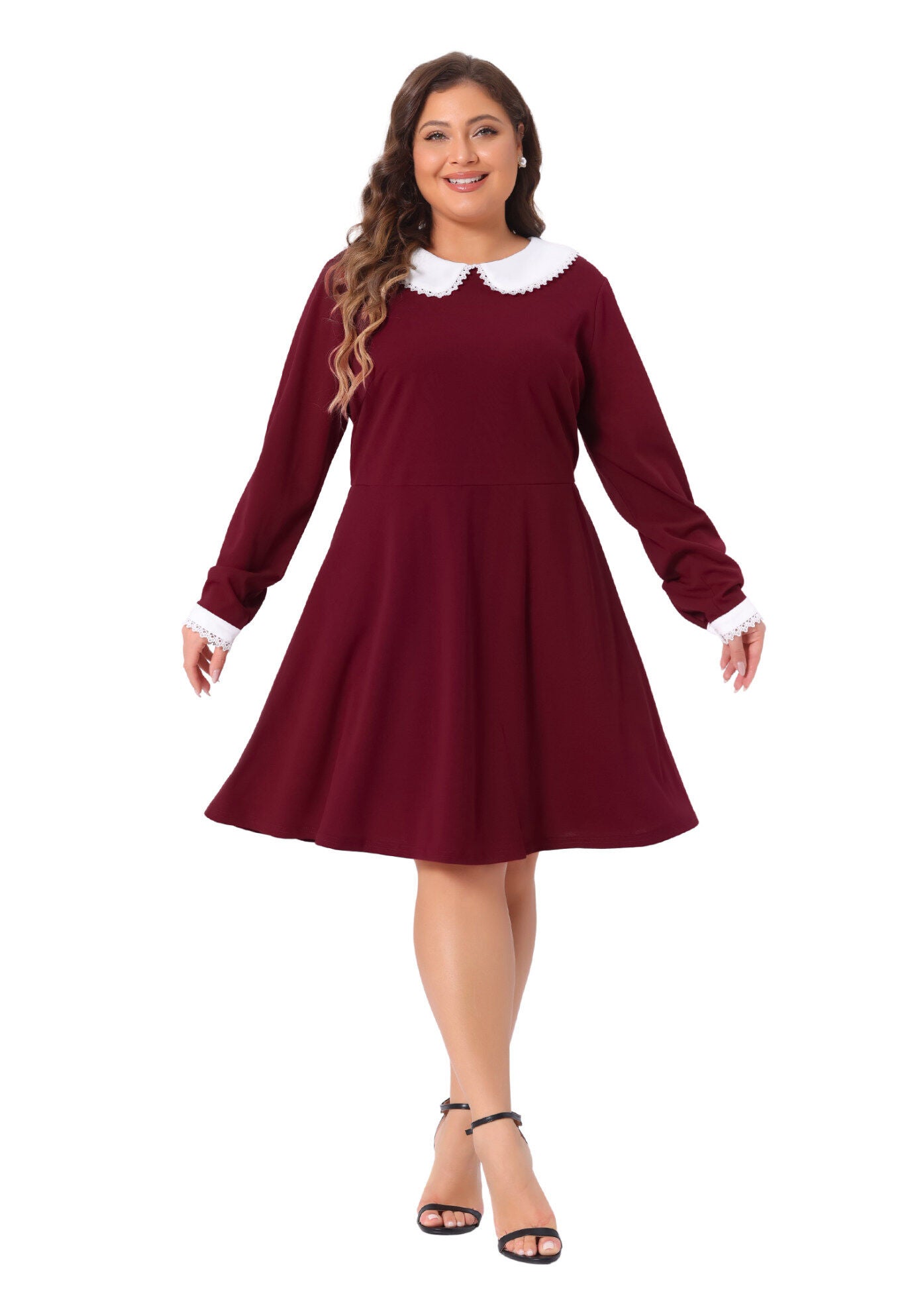 LONG SLEEVE DOLL PETER PAN COLLAR FLARE MIDI DRESS, Burgundy / Red, hi-res image number 0