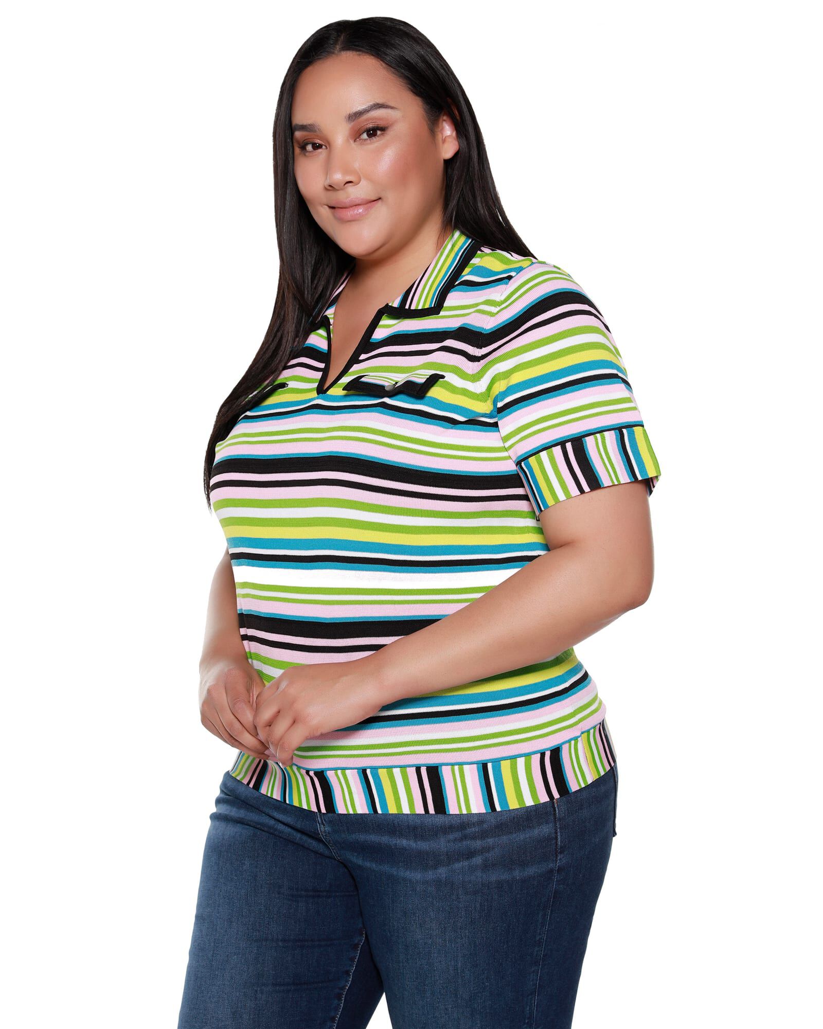 Juniper Striped Short Sleeve Sweater, Multi Stripe / Light Green, alternate image number 1