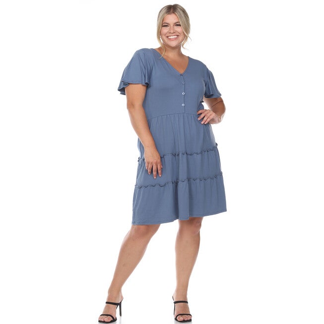 Short Sleeve V-neck Tiered Midi Dress, Blue / Light Blue, alternate image number 4