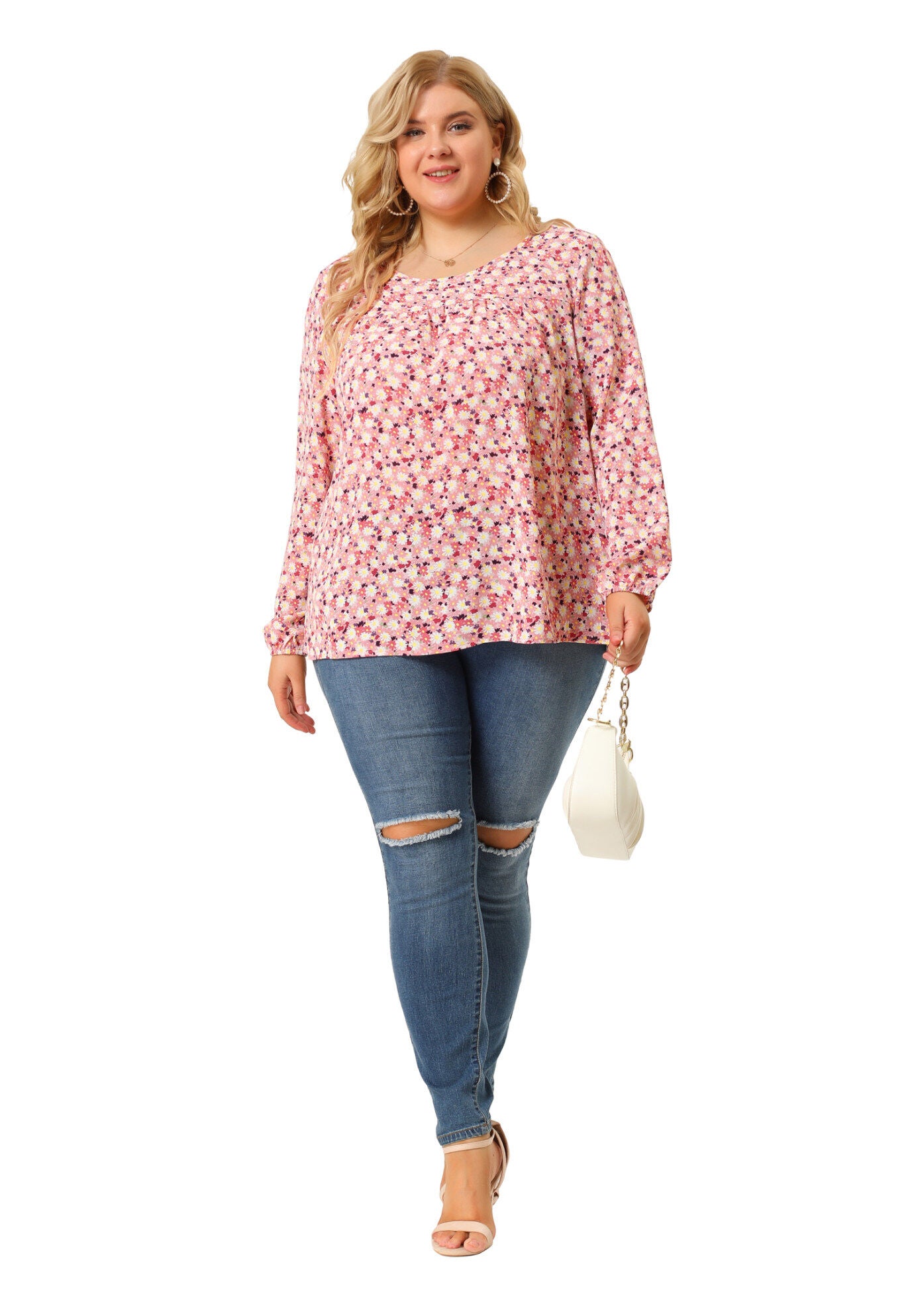 Long Sleeve Floral Print Casual Shirt Blouse Top, Pink / Pink, hi-res image number 0