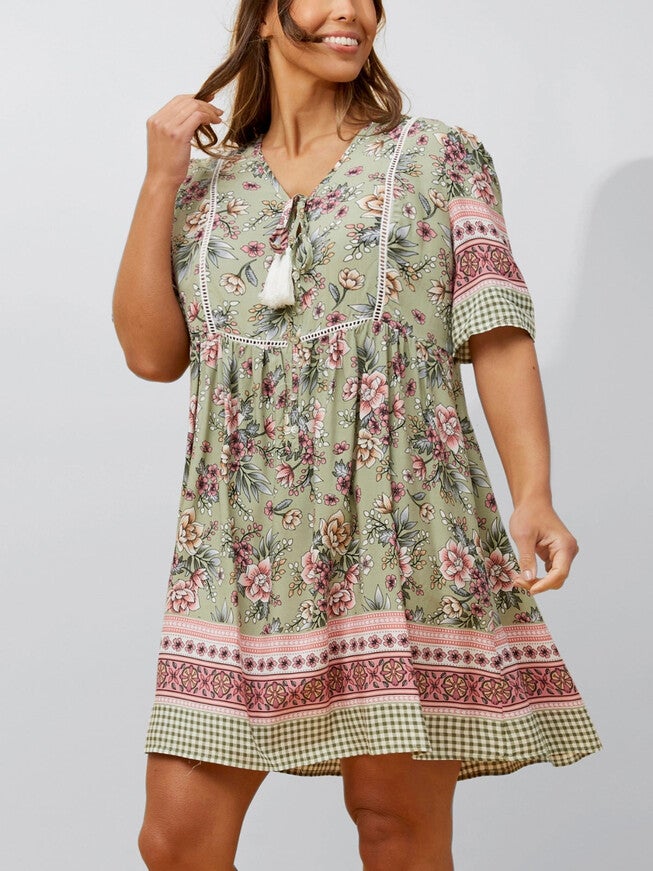 Gloria Short Dress A-Line Floral Print Green, , alternate image number 7