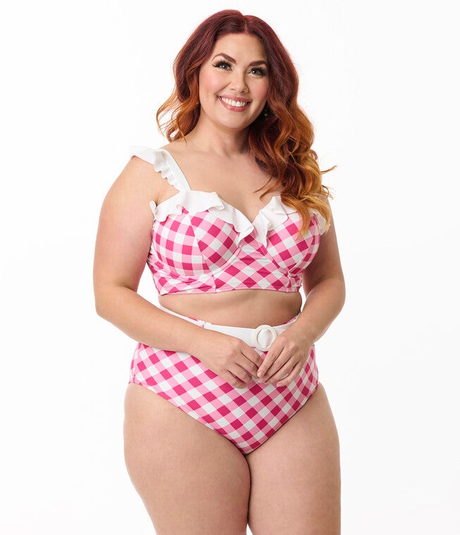 Unique Vintage Plus Size Pink & White Gingham Southampton Swim Top, Pink / Pink, hi-res image number 0