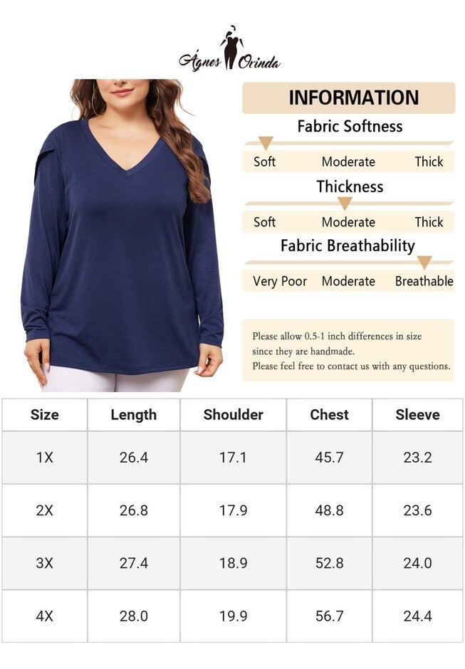 V Neck Tulip Long Sleeve T-Shirt Casual Top, Navy Blue / Navy, alternate image number 4