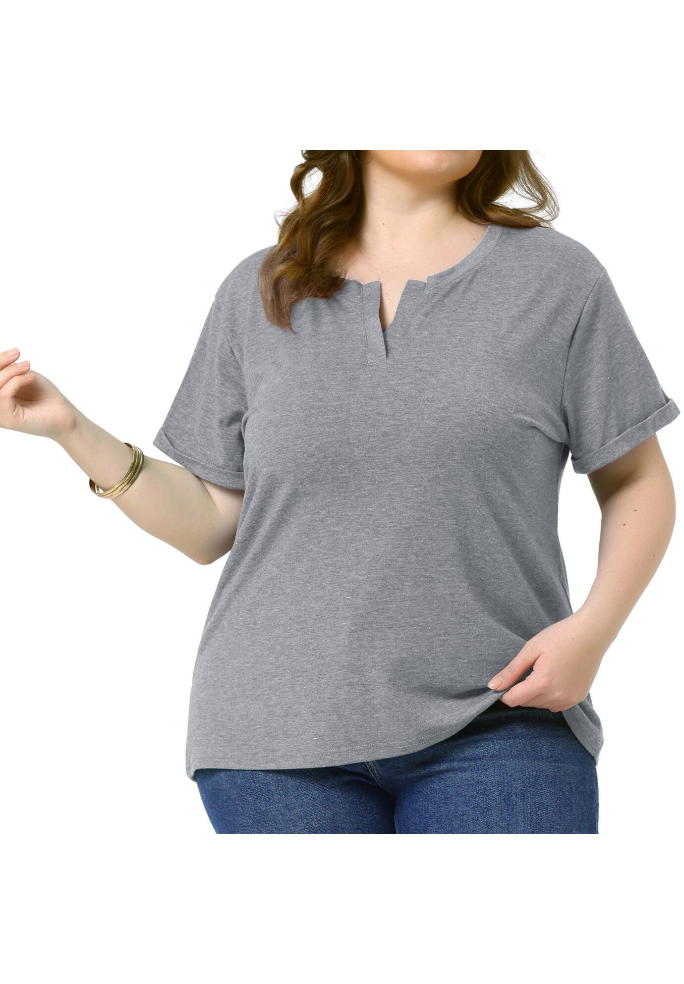 Short Sleeve Notched V Neck Summer Tees Tops, Gray / Light Grey, alternate image number 1