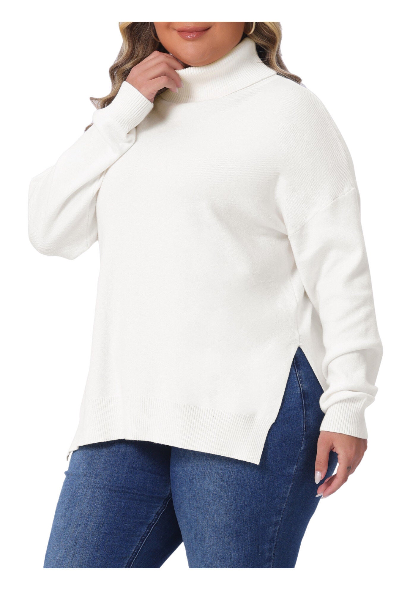 Turtle Neck Side Slit Casual Pullover Knit Top, White / White, alternate image number 1