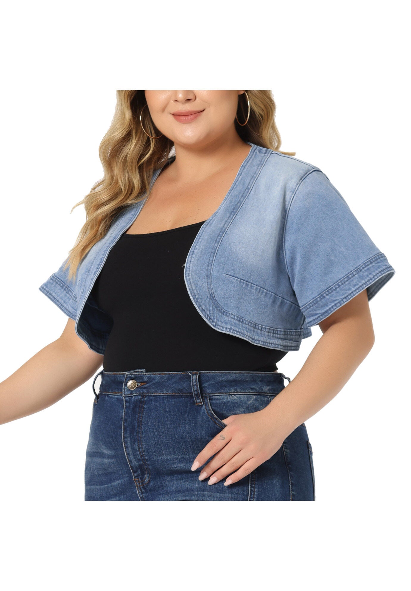 SHORT CROP DENIM JACKET SHRUG, Light Blue / Light Blue, alternate image number 1