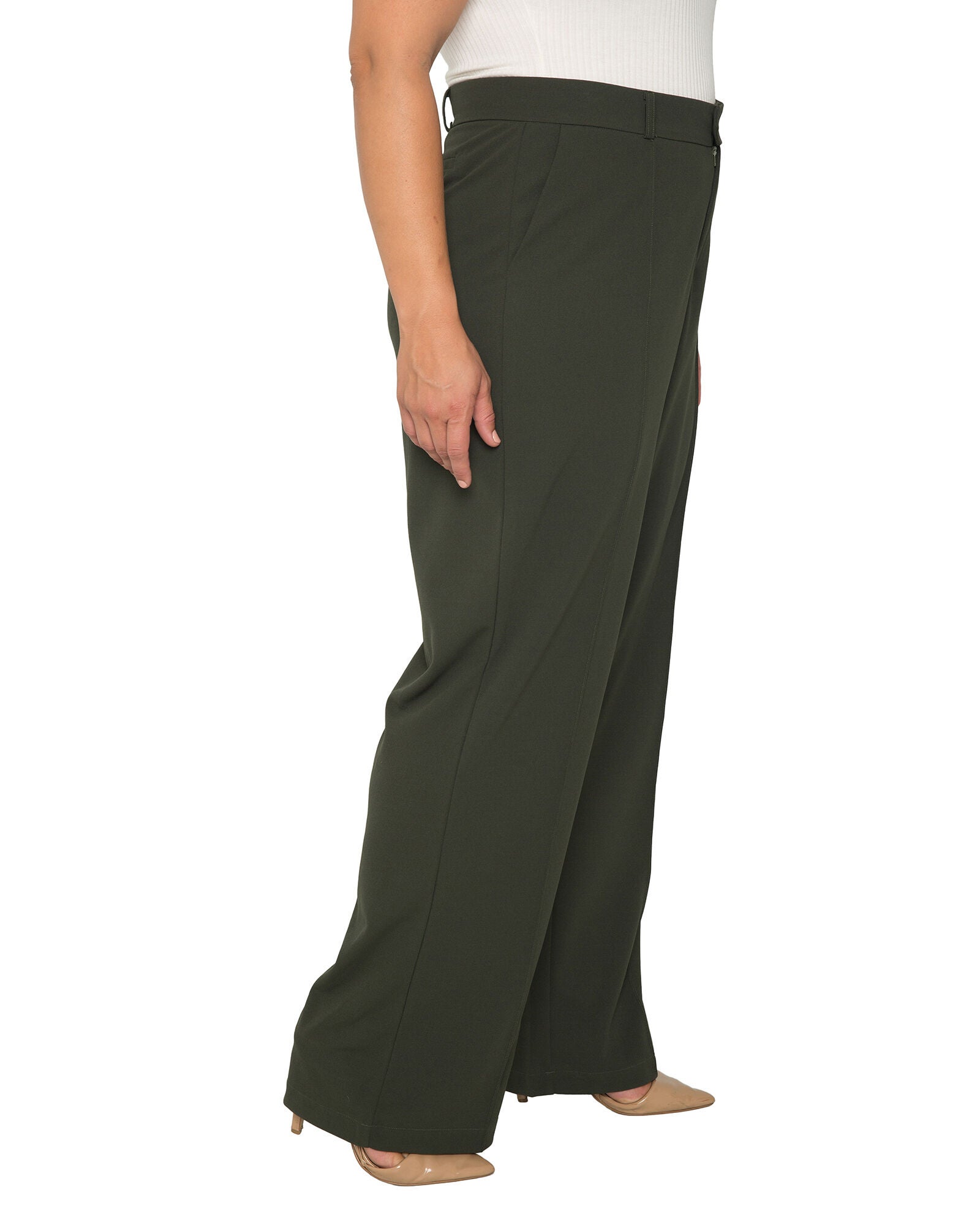 Plus Size Erica Pintuck Stretch Crepe Wide Leg Trouser, Olive / Forest Green, alternate image number 1