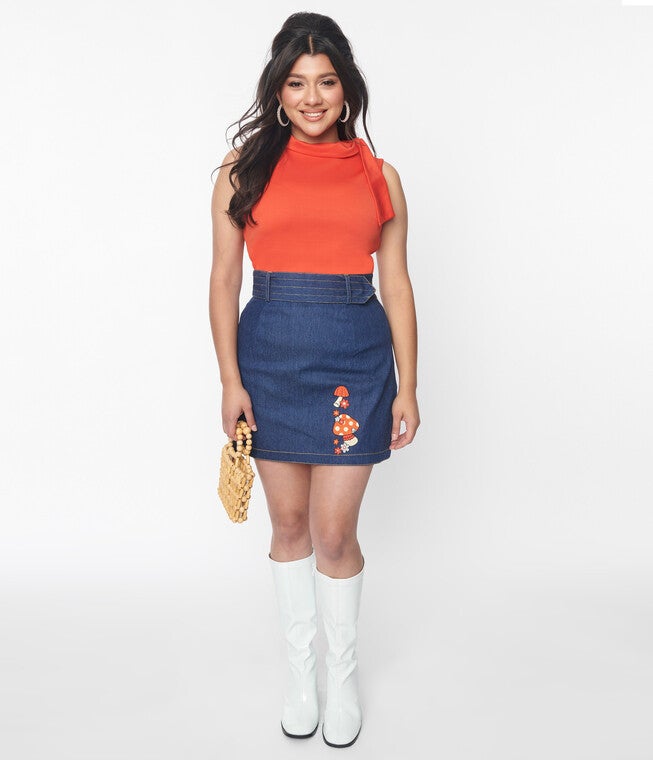 Smak Parlour Mushroom Embroidered Denim Belted Mini Skirt, Blue / Chambray Denim Medium, hi-res image number 0