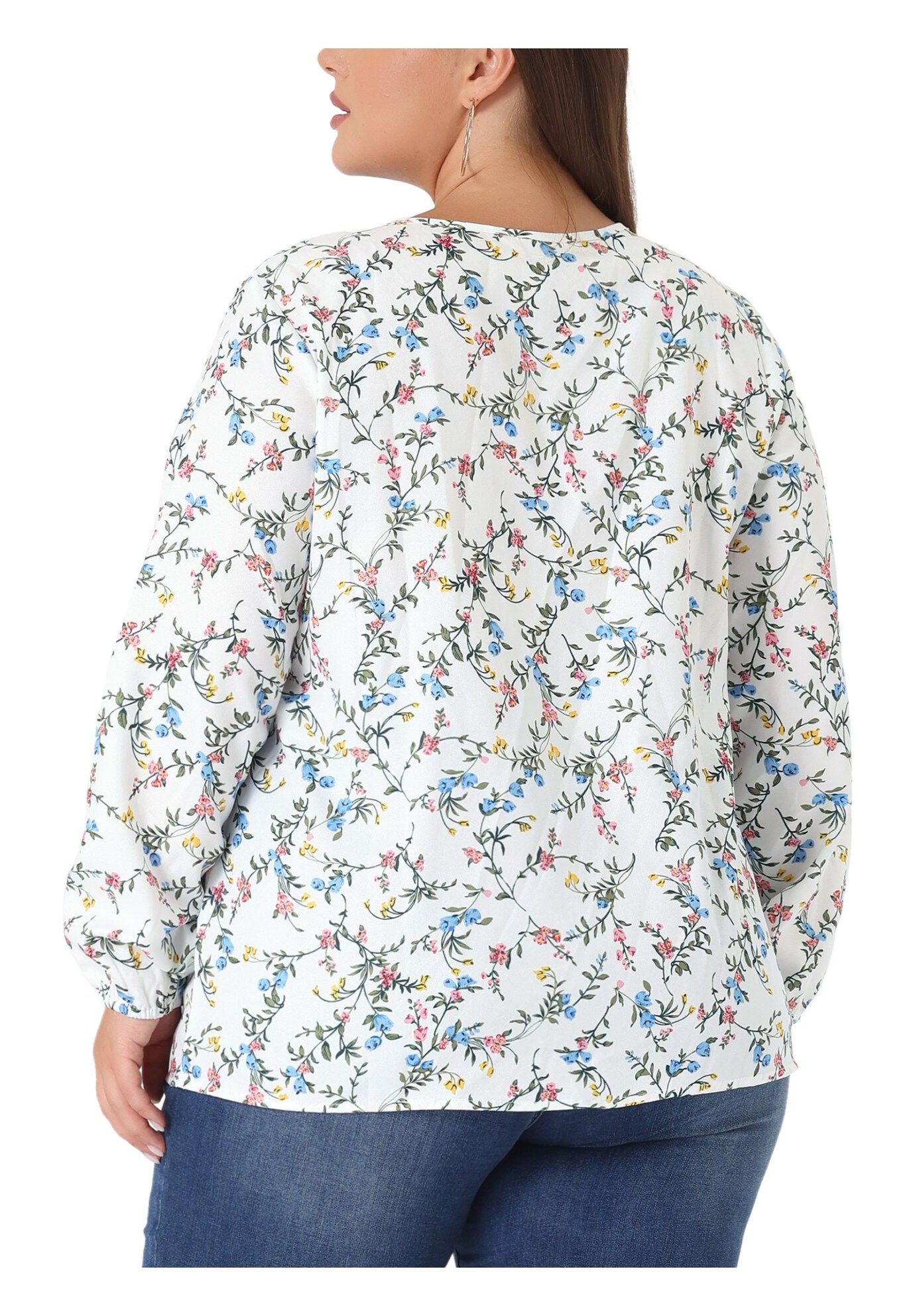 Chiffon Long Sleeve Keyhole Blouse Floral Top, White / White, alternate image number 3