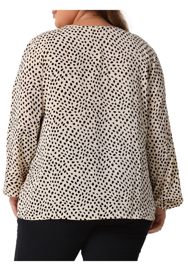 Lace Trim V Neck Long Sleeve Leopard Chiffon Blouses Top, Khaki / Brown, alternate image number 3