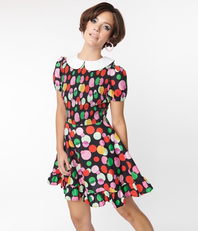 Smak Parlour Black & Rainbow Dot Smocked Fit & Flare Dress, Black Polka Dot / Black, hi-res image number null