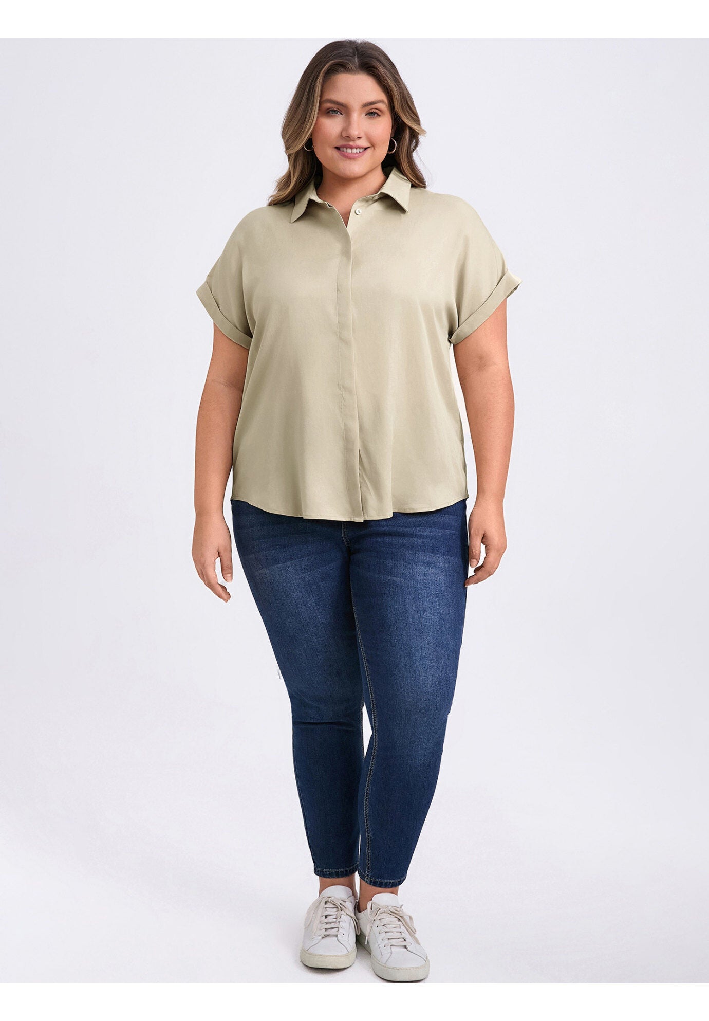 Button Down Lapel Shirt Rolled Cuffed Short Sleeve Collared Top, Khaki / Beige, alternate image number 1