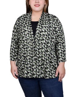 Puff Print 3/4 Sleeve Two-Fer Top