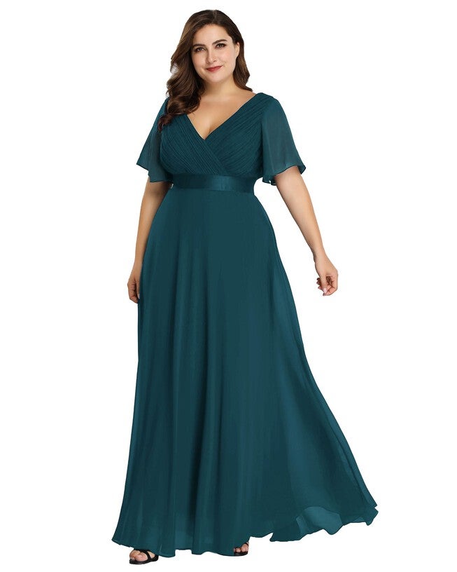 Long Chiffon Empire Waist Bridesmaid Dress with Short Flutter Sleeves, Teal / Teal, alternate image number 4