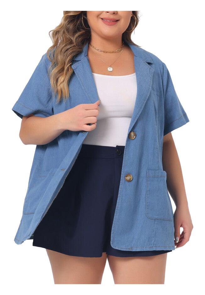 Front Lapel Short Sleeve Button Down Chambray Denim Shirt, Sky Blue / Light Blue, alternate image number 2