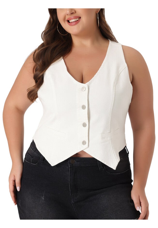 BUTTON DOWN SLEEVELESS JEAN WAISTCOAT VEST, White / White, alternate image number 2