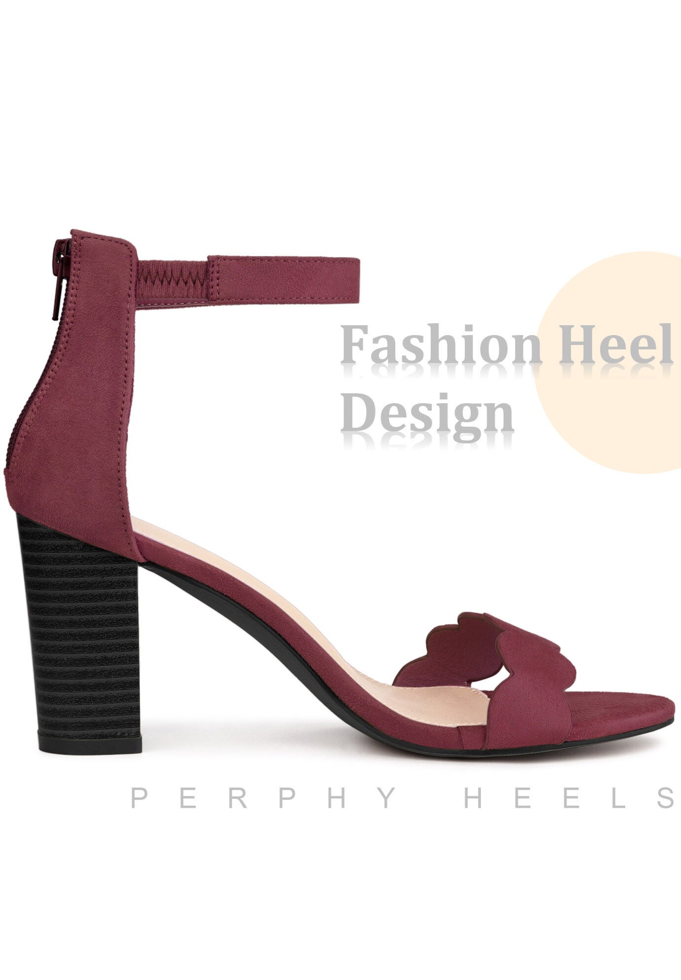 Scalloped Heel Ankle Strap Chunky Heels Sandals, Burgundy / Burgundy, alternate image number 2