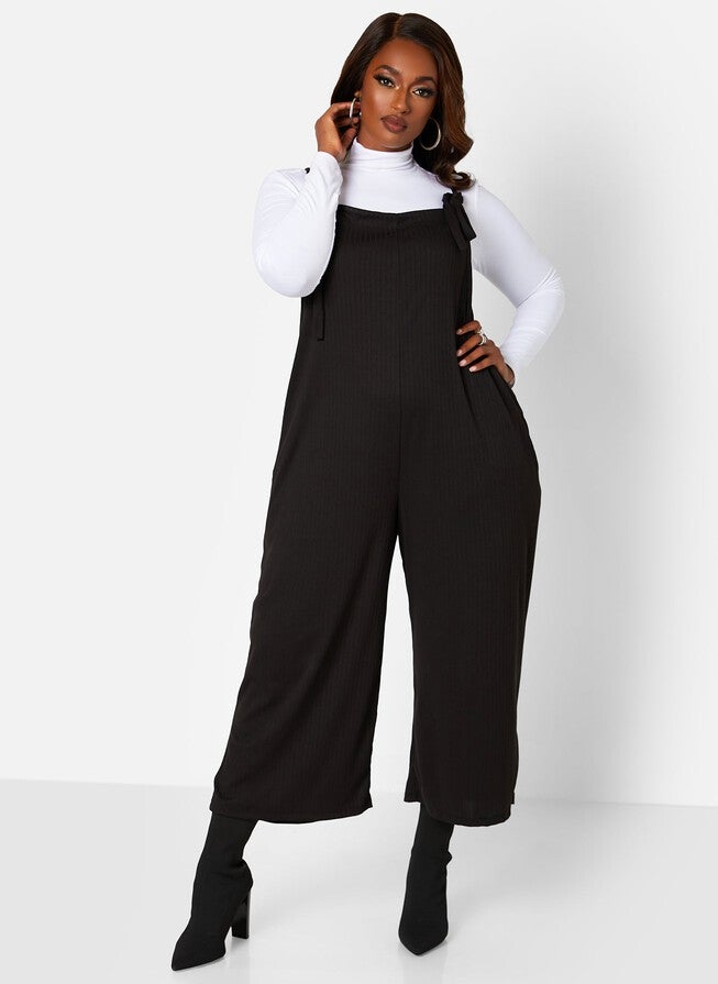 Lets Chill Ribbed Tie Strap Oversized Jumpsuit W. Pockets, Black / Black, alternate image number 1