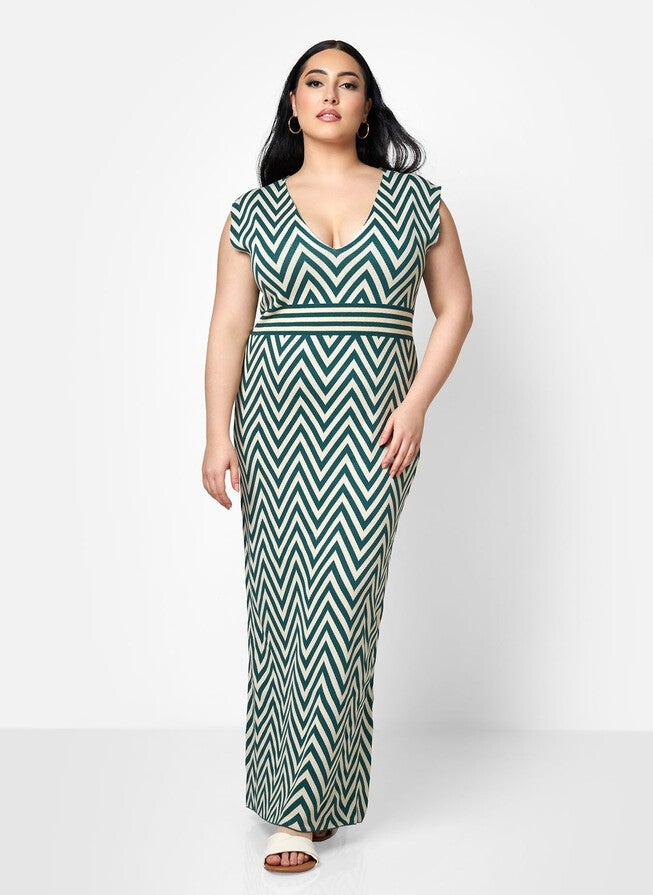 RACHIDA KNIT CHEVRON V NECK BODYCON DRESS, Multicolor / Azure Blue, alternate image number 3