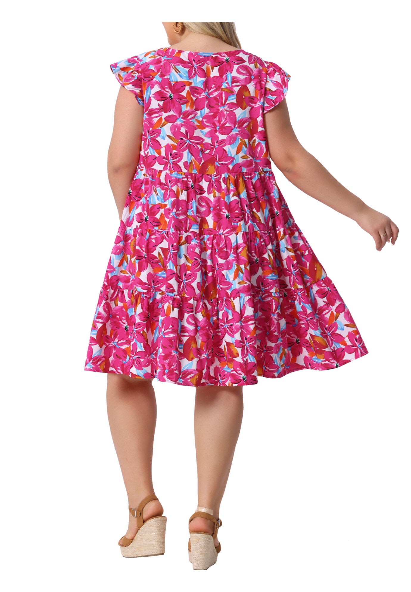 Summer Flutter Sleeves Floral Print Tiered Babydoll Ruffle Dress, Red / Red, alternate image number 3