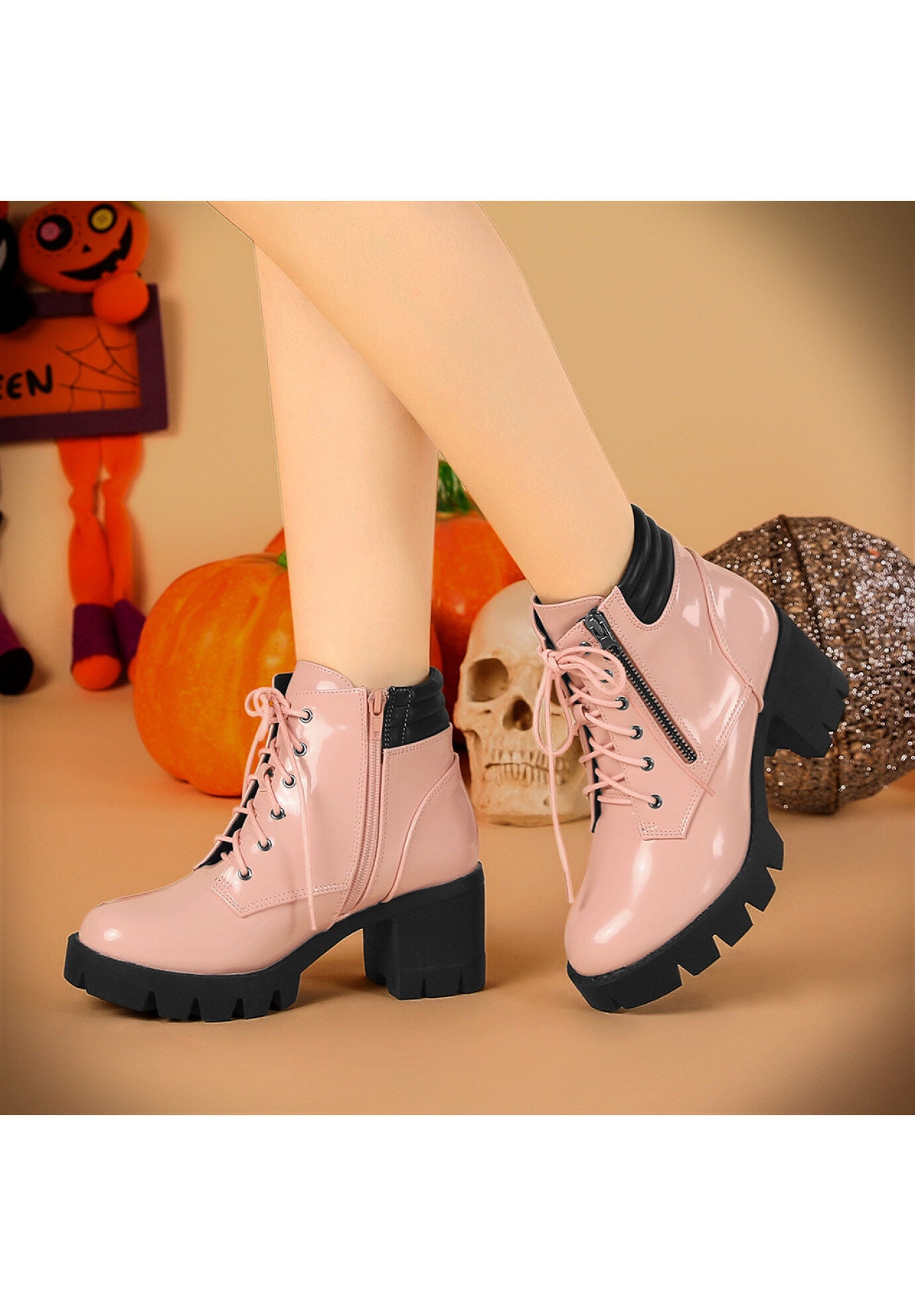 CHUNKY HEEL LACE UP PLATFORM COMBAT BOOTS, Pink / Pink, alternate image number 1