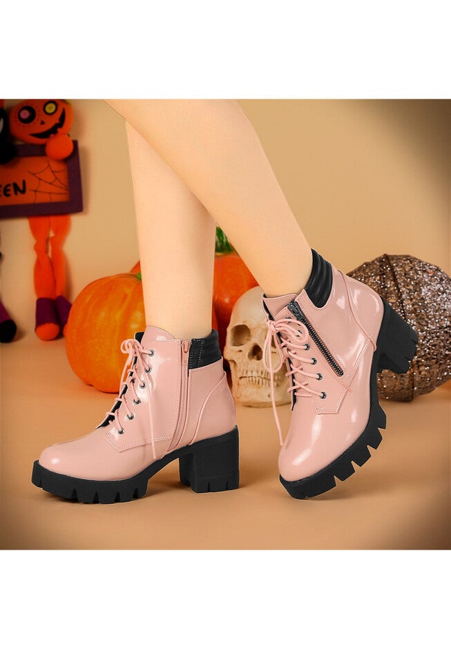 CHUNKY HEEL LACE UP PLATFORM COMBAT BOOTS, Pink / Pink, alternate image number 1