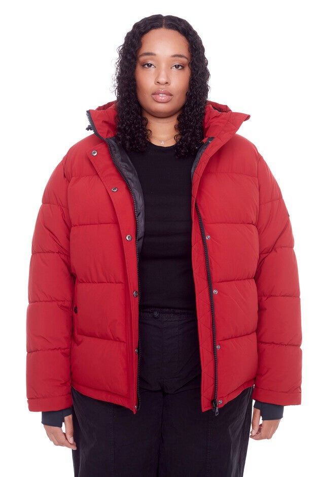 Women's Plus Size - FORILLON | Vegan Down Recycled Short Quilted Puffer Jacket, Deep Red / Red, hi-res image number 0