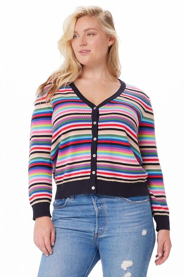 Cotton Cashmere Weekend Stripe Cardigan, Multi Stripe / Black, hi-res image number 0