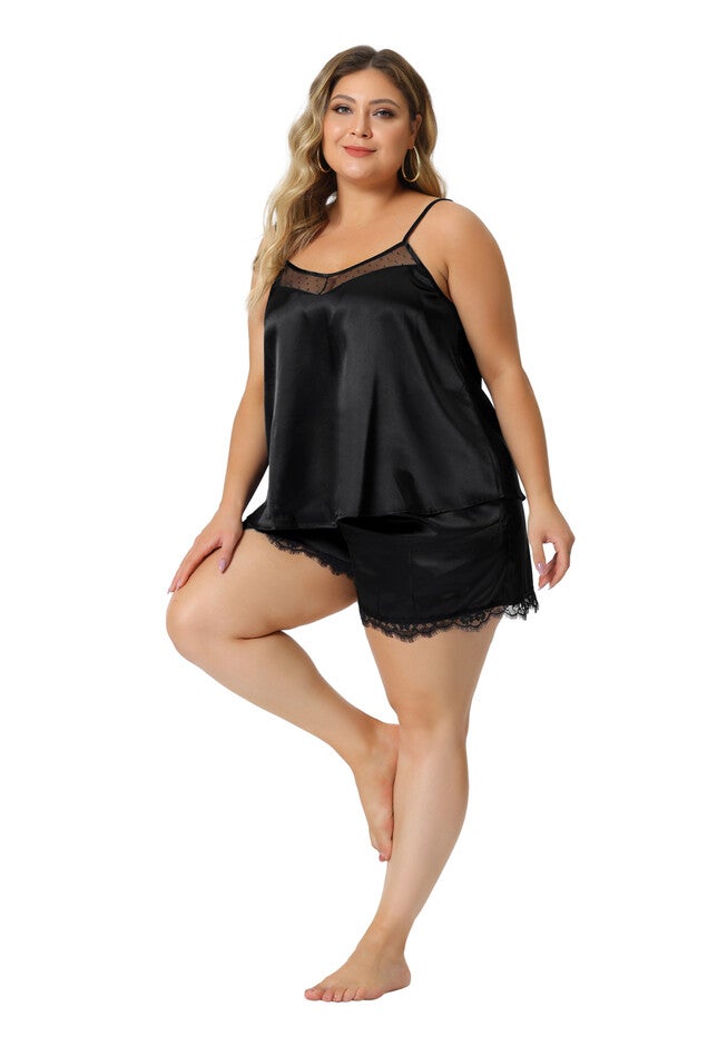 Satin Lace Lingerie 2 Piece Cami Shorts Set, Black / Black, hi-res image number null