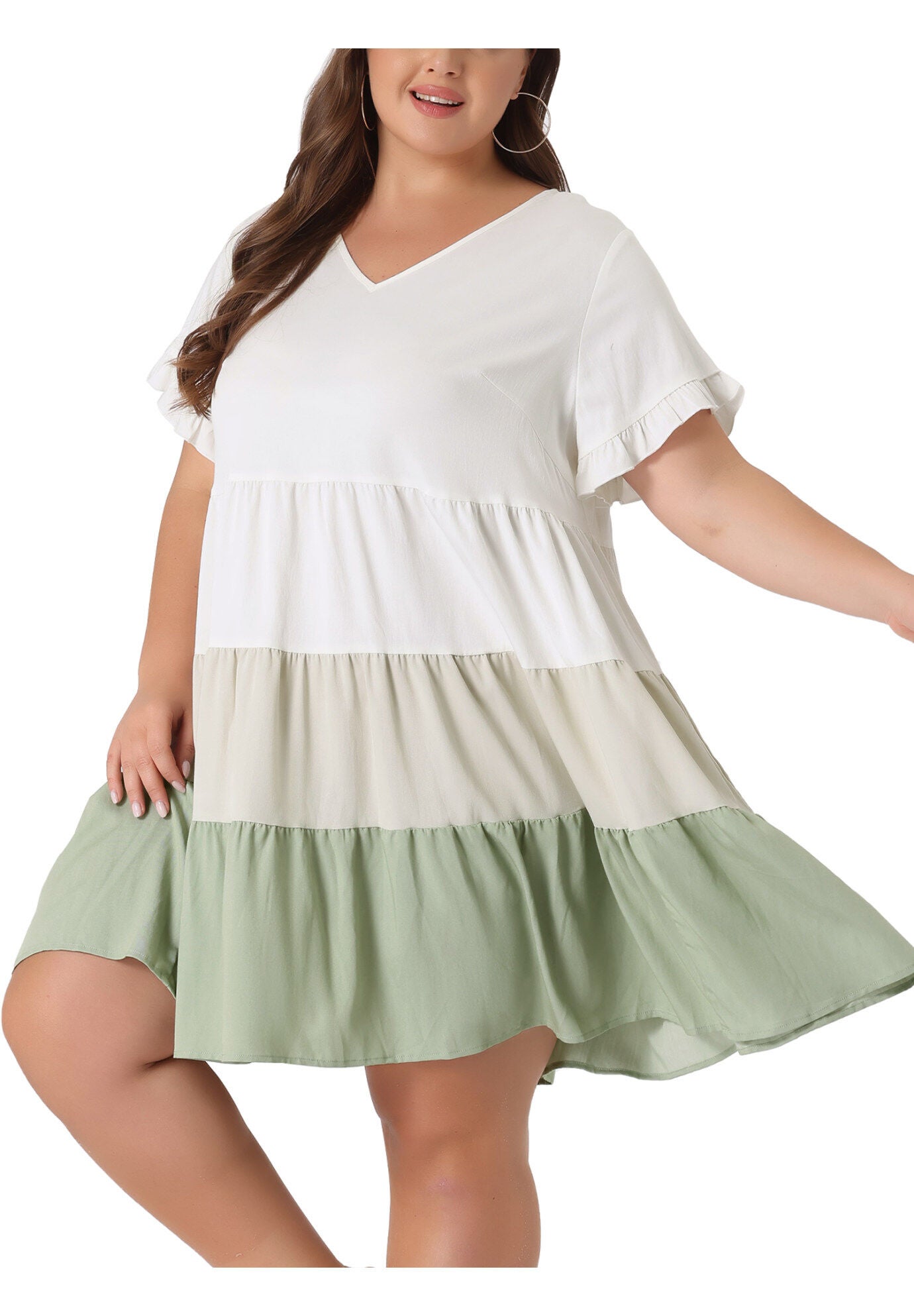Babydoll Ruffle Short Sleeve Chambray Mini Dress, Green / Light Green, alternate image number 1