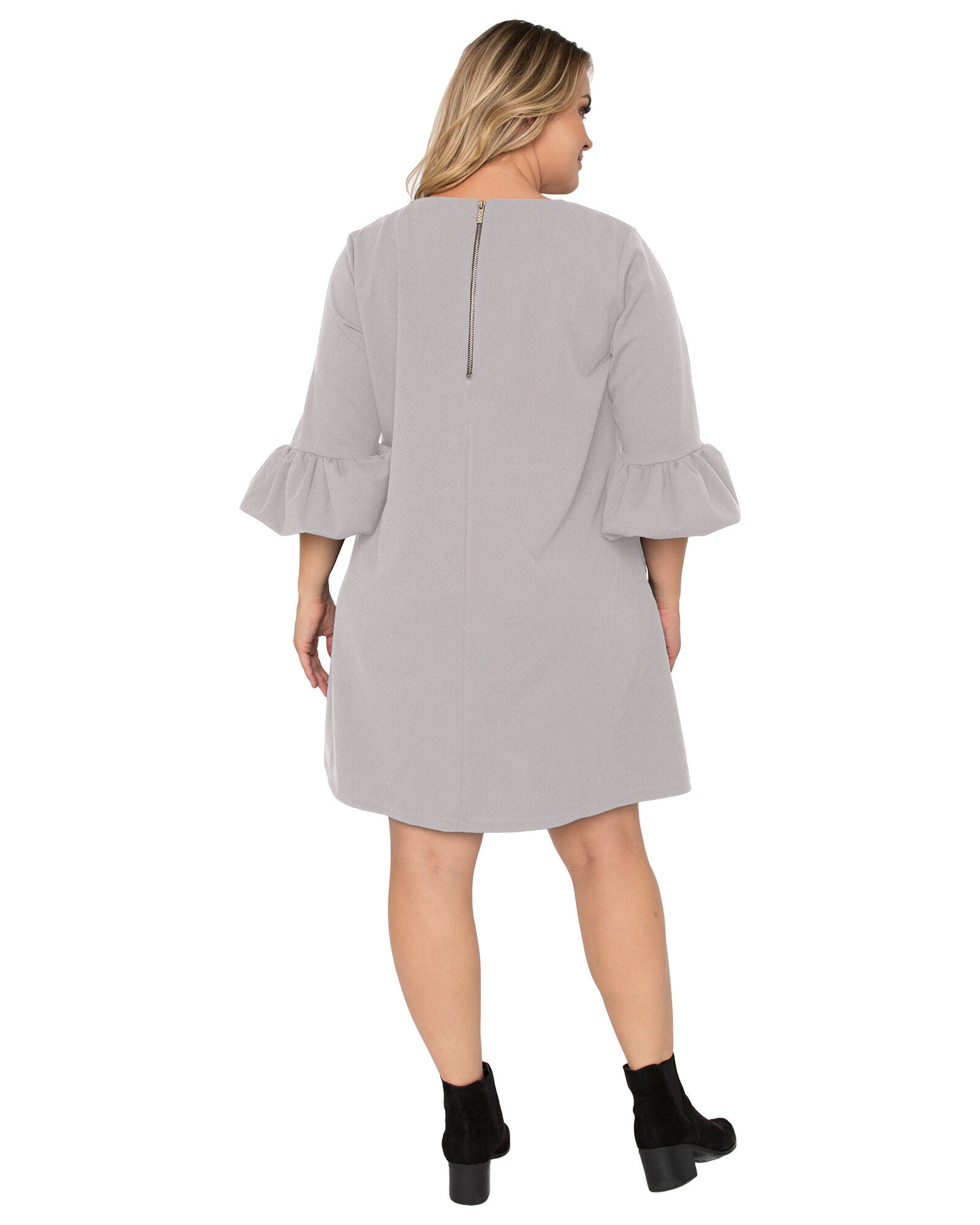 Plus Size Women&#39;s Crepe Knit 3/4 Balloon Sleeves Midi Shift Dress, Grey / Cool Gray, alternate image number 1