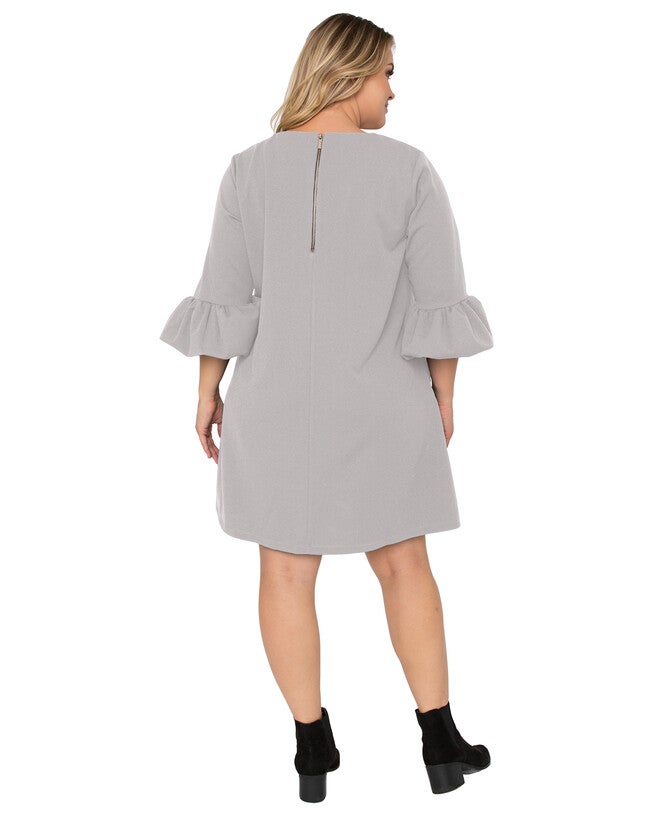 Plus Size Women's Crepe Knit 3/4 Balloon Sleeves Midi Shift Dress, Grey / Cool Gray, alternate image number 1