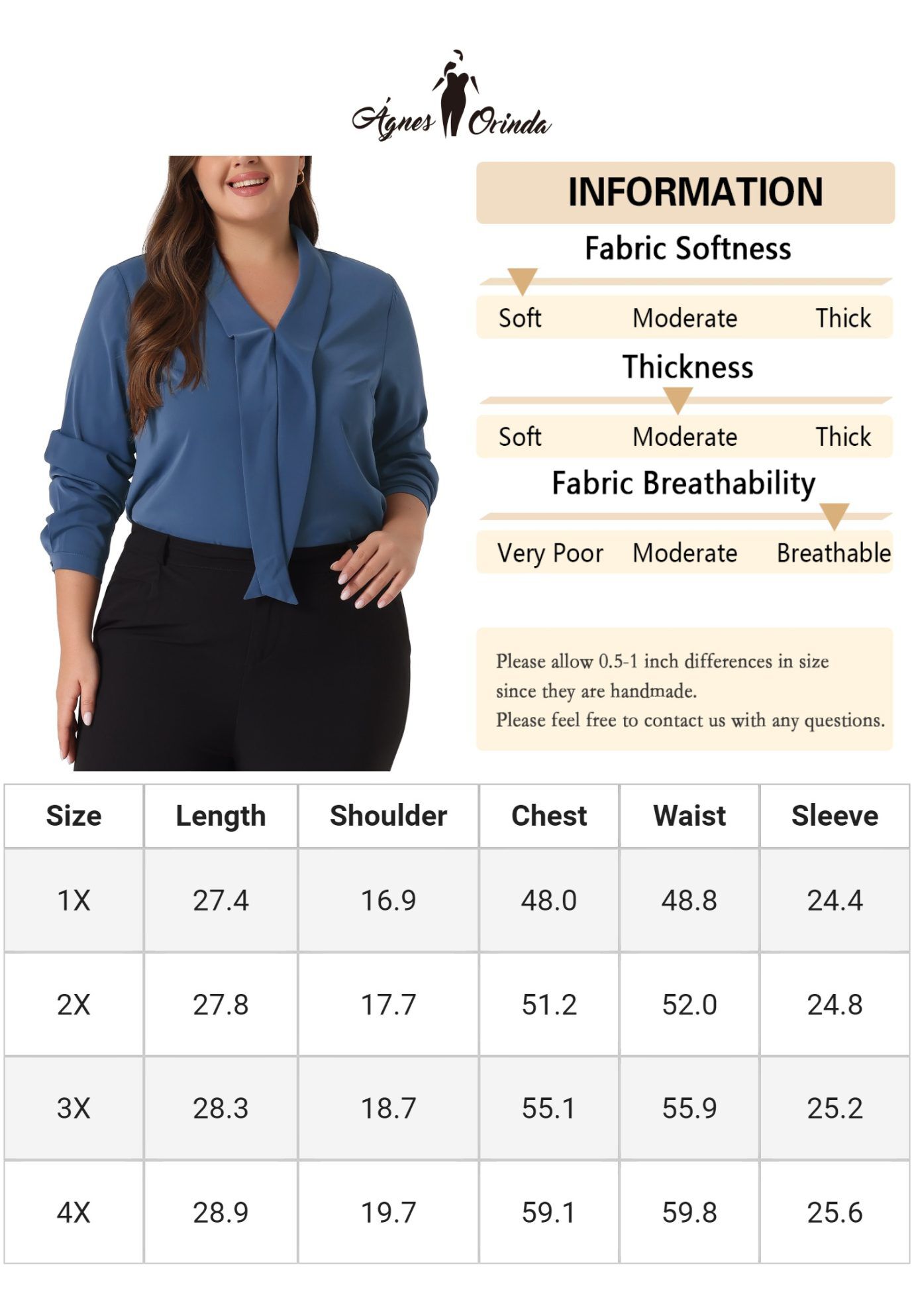 Long Sleeve Tie V Neck Chiffon Blouse, Blue / Navy, alternate image number 4