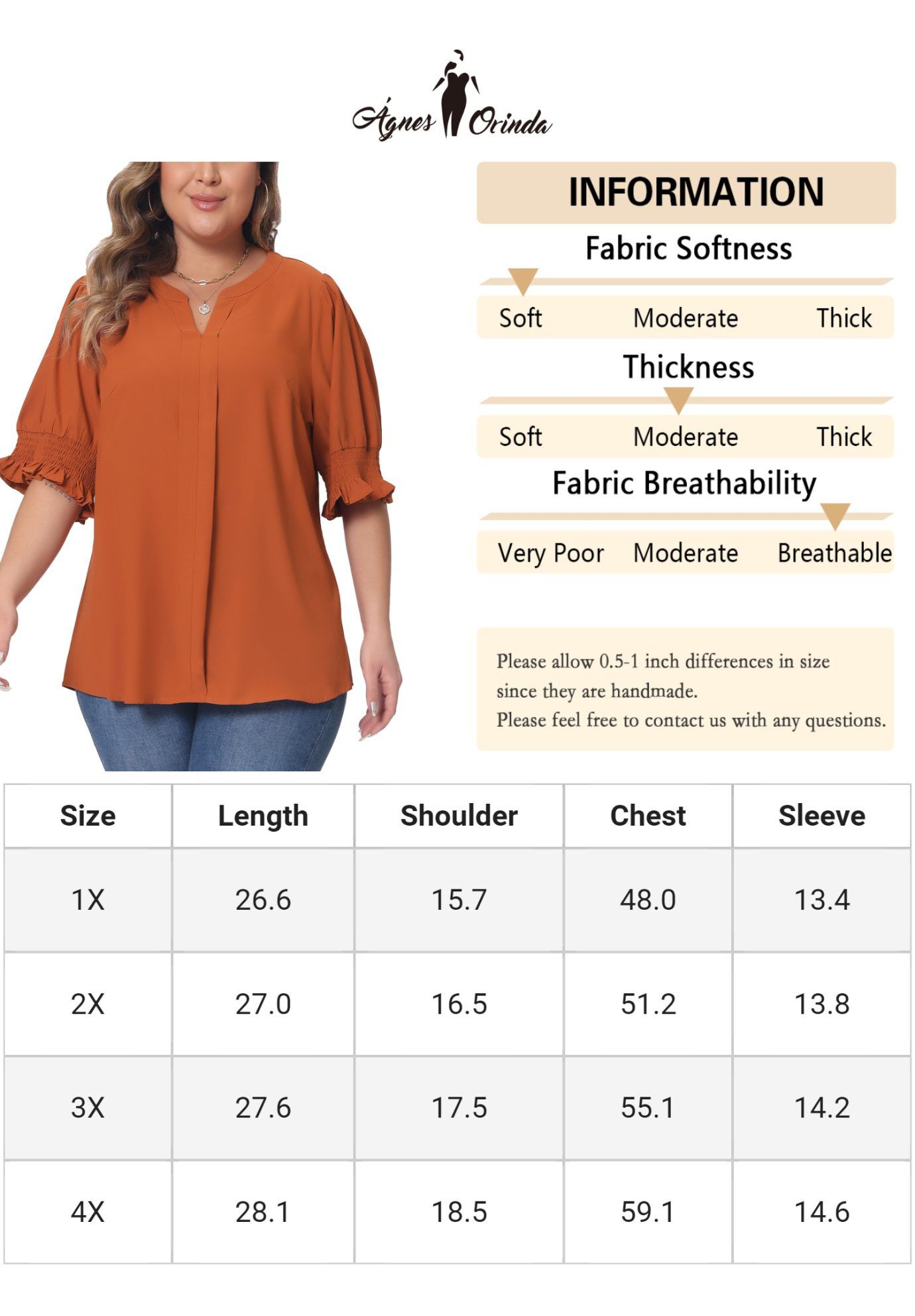 Notched V Neck Puff Short Sleeve Blouse Top, Orange / Burnt Orange, alternate image number 4