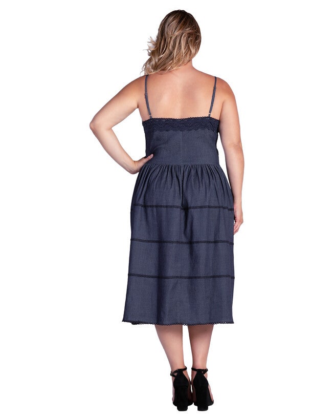 Women's Plus Size Lace Trim Spaghetti Strap Tencel Midi Dress, Dark Indigo / Dark Wash, alternate image number 1