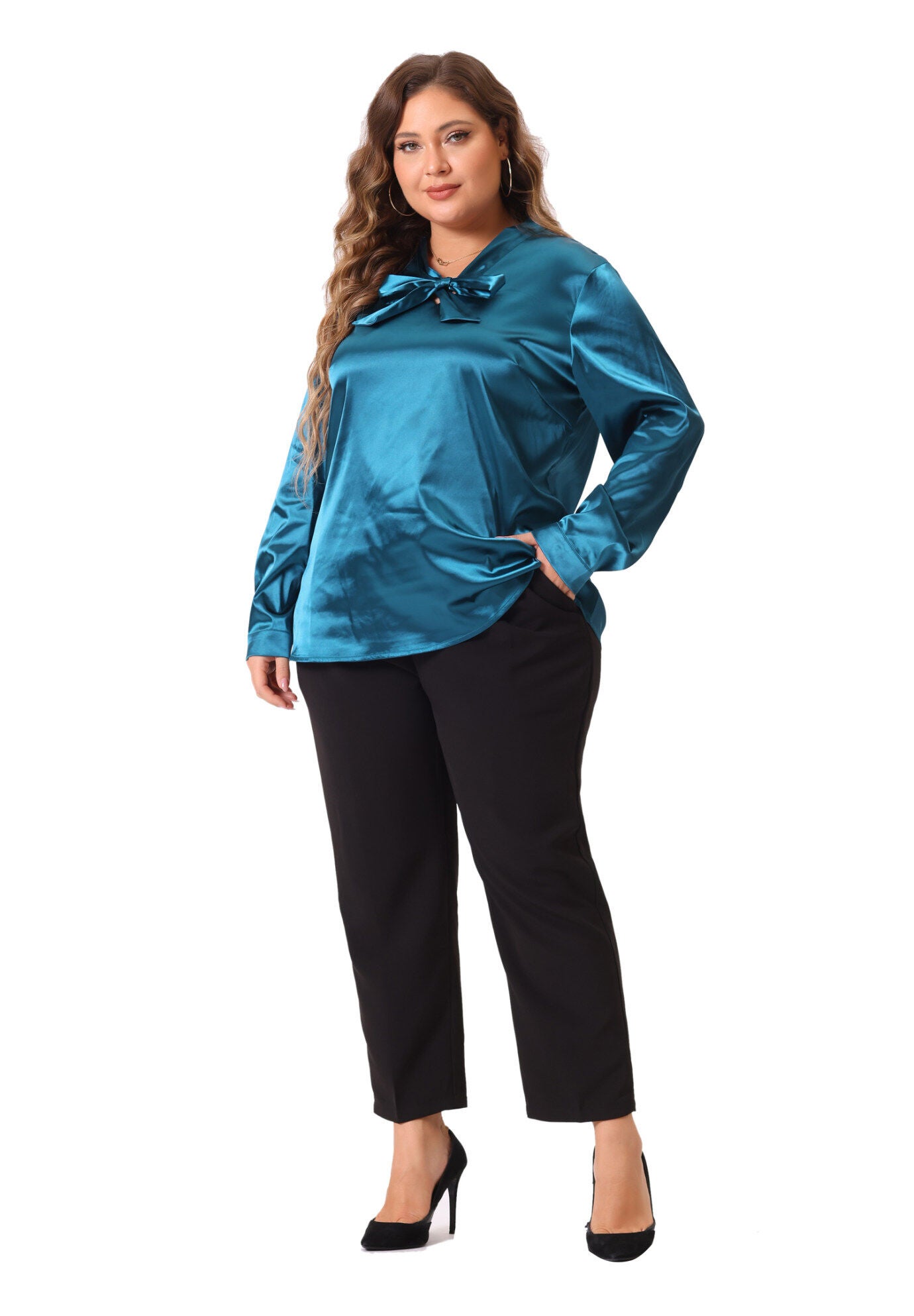 Tie Neck Satin Top Blouse, Peacock Blue / Teal, hi-res image number 0