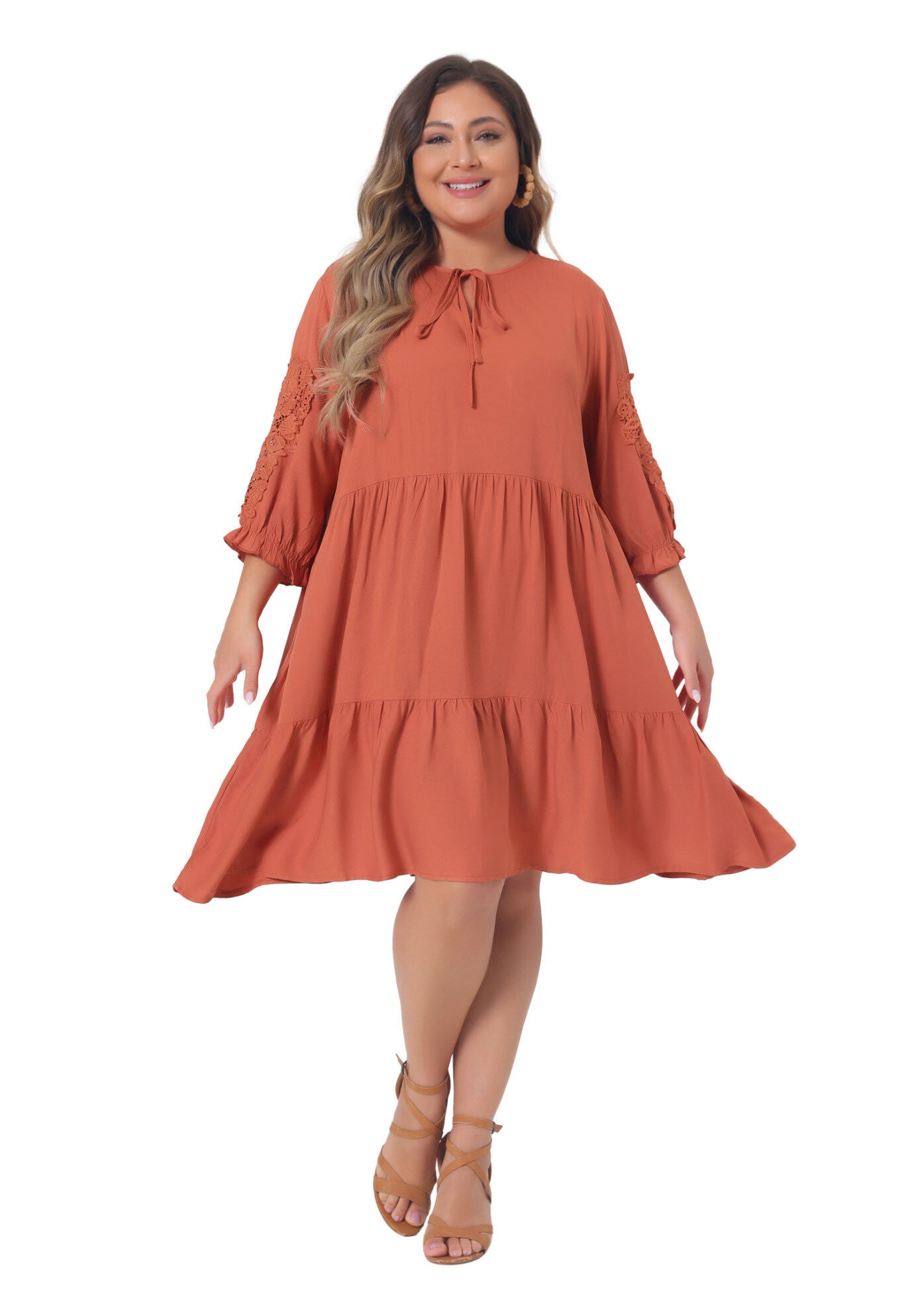 TIE NECK LACE SLEEVE RUFFLE MIDI FLOWY DRESS, Orange / Burnt Orange, hi-res image number 0