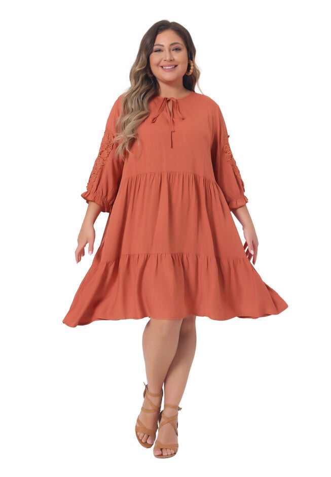 TIE NECK LACE SLEEVE RUFFLE MIDI FLOWY DRESS, Orange / Burnt Orange, hi-res image number 0