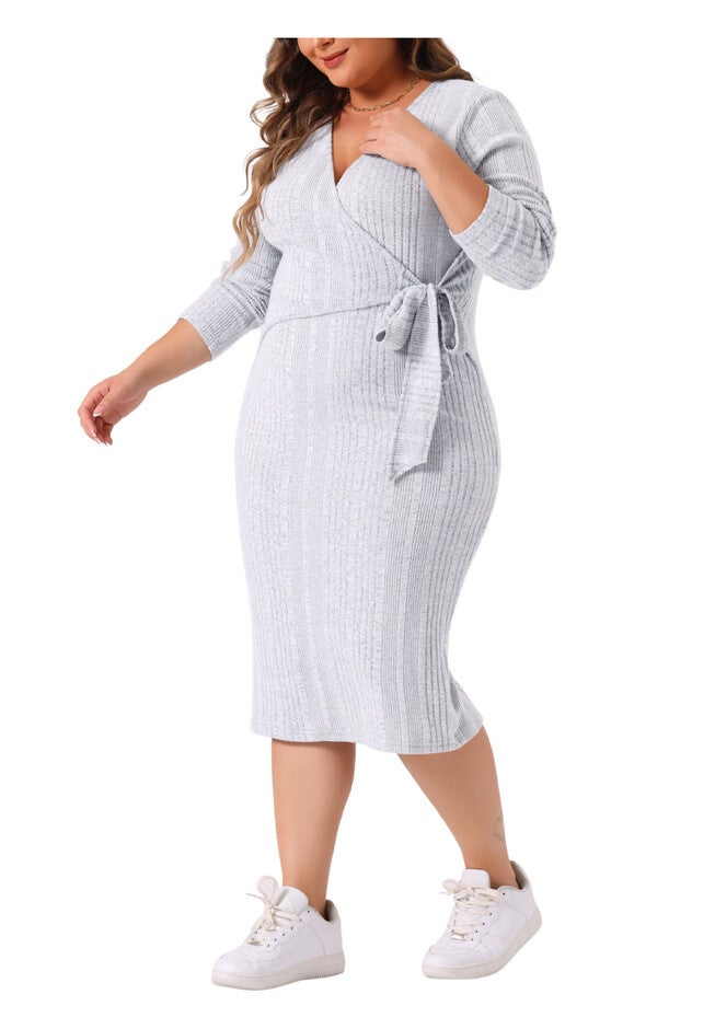 Wrap V Neck Long Sleeve Back Slit Elegant Midi Dress with Belted, Light Gray / Light Grey, alternate image number 1