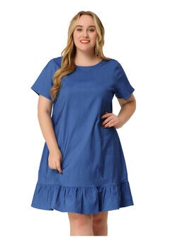 Ruffle Hem Casual Short Sleeve Chambray Dress
