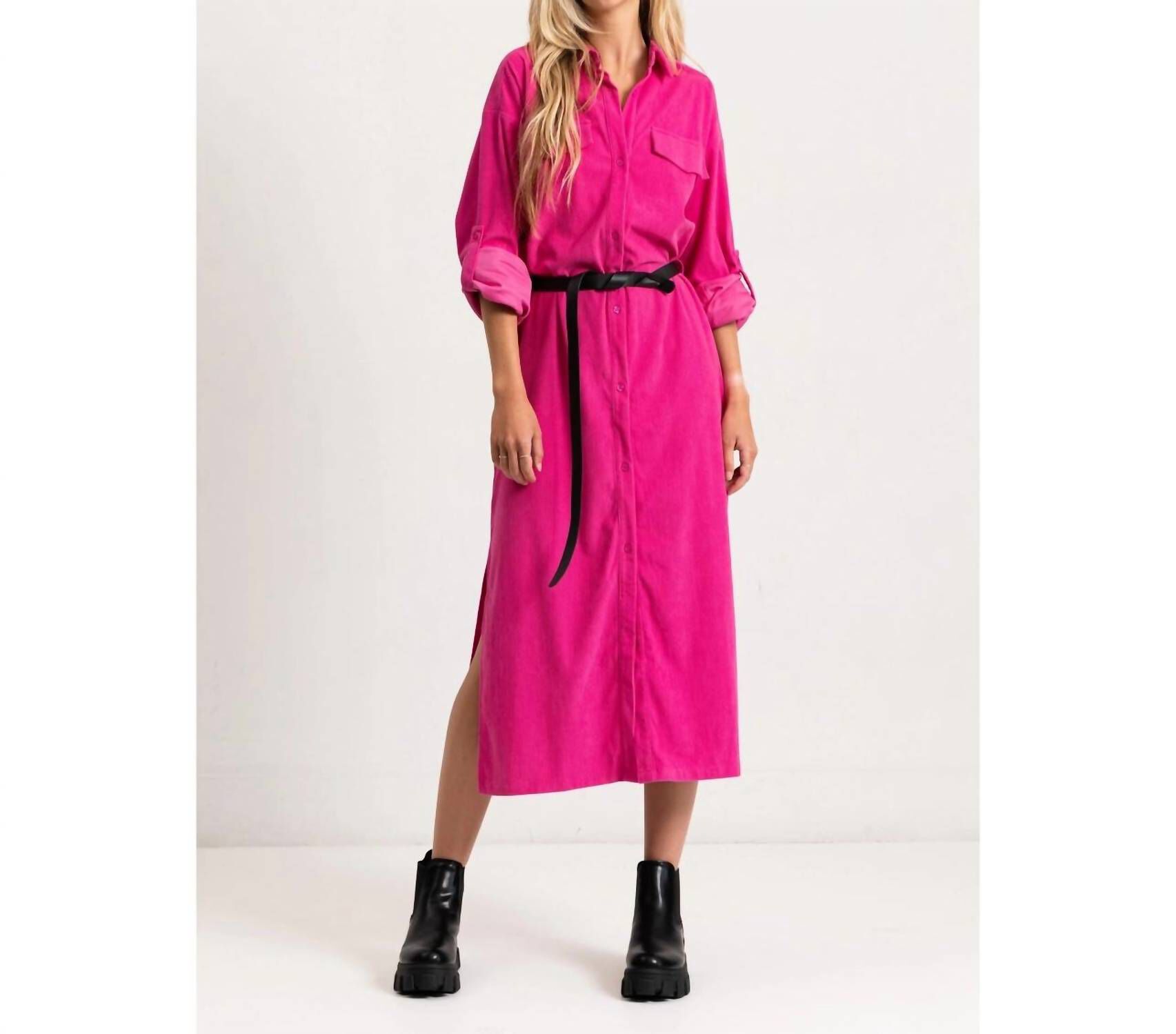 CORDUROY ROLL UP SLEEVE SHIRT DRESS IN PINK, Pink / Pink, hi-res image number 0