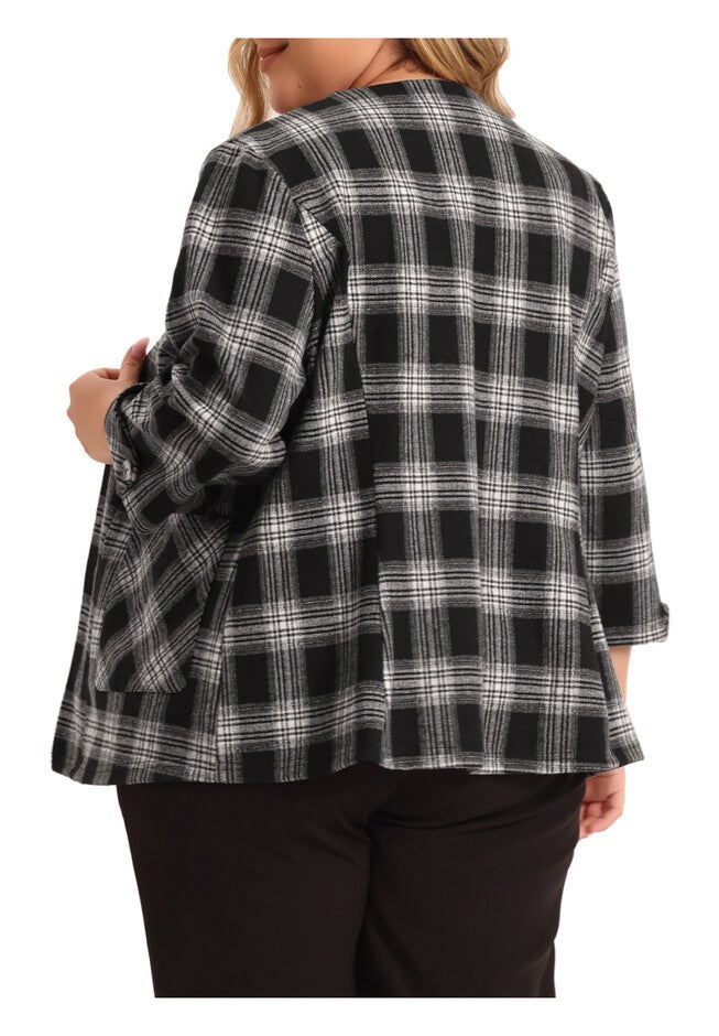 3/4 Sleeves Casual Blazers Open Front Plaid Cardigan, Black / Black, alternate image number 3