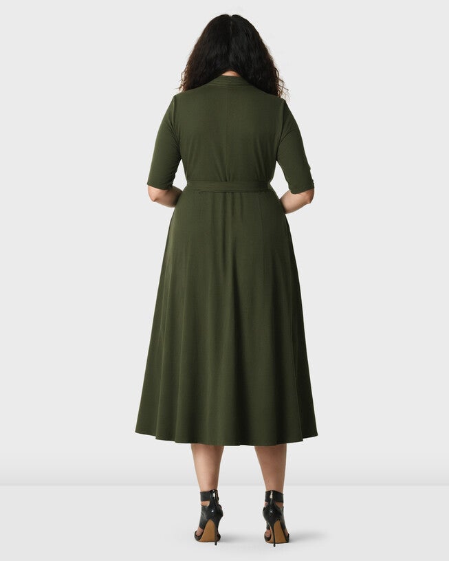 Cotton knit wrap midi dress, Deep loden green / Kelly Green, alternate image number 2