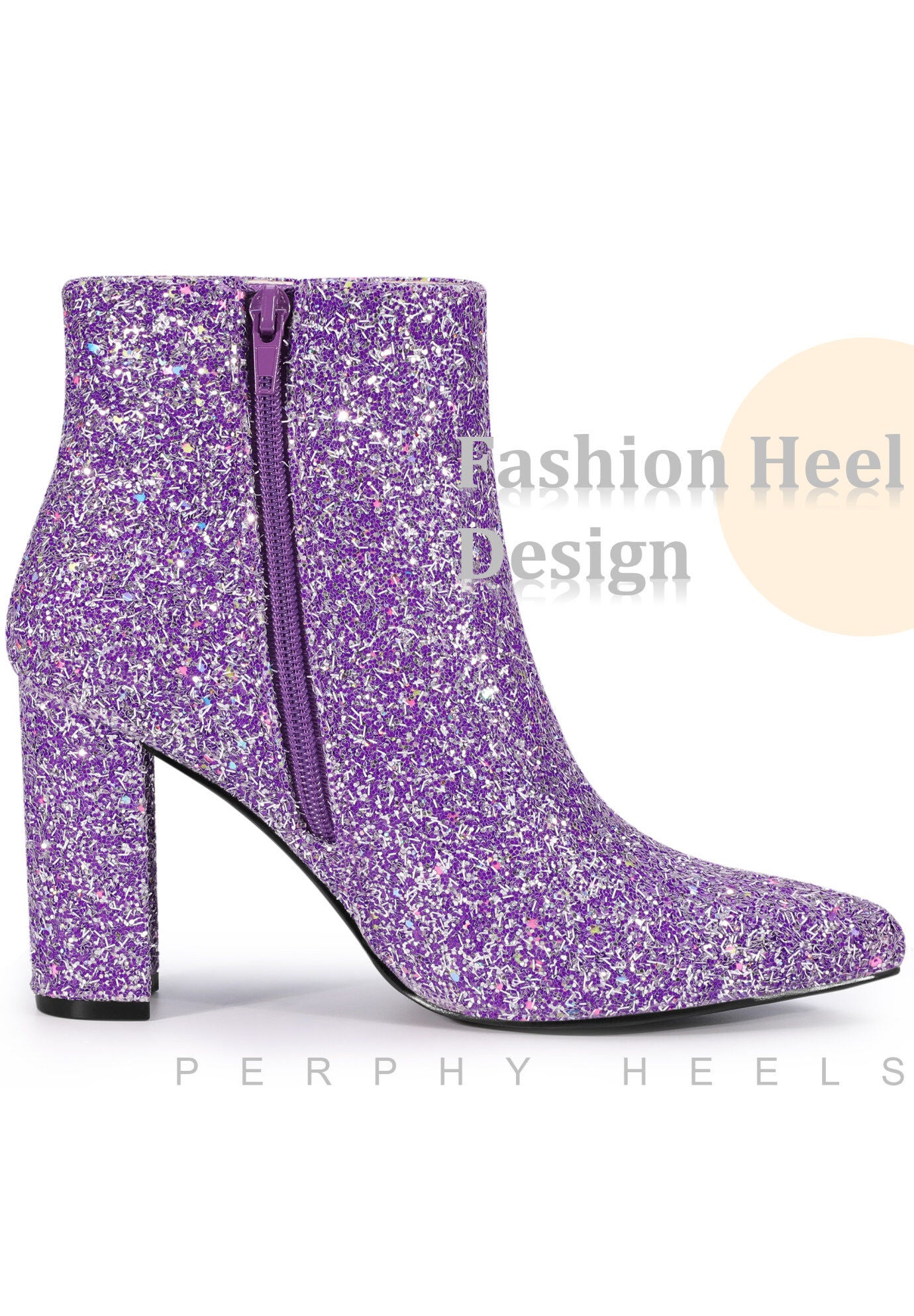 Glitter Pointed Toe Chunky Heels Sparkly Booties, Purple / Purple, alternate image number 3