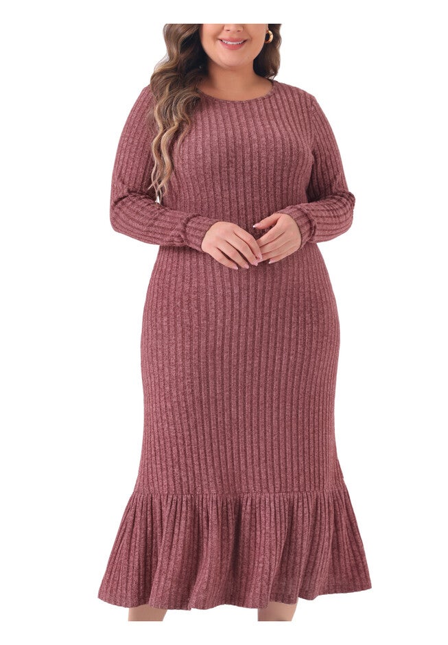 Ribbed Knit Long Sleeve Crew Neck Ruffled Hem Midi Dress, Purple Red / Purple, alternate image number 2