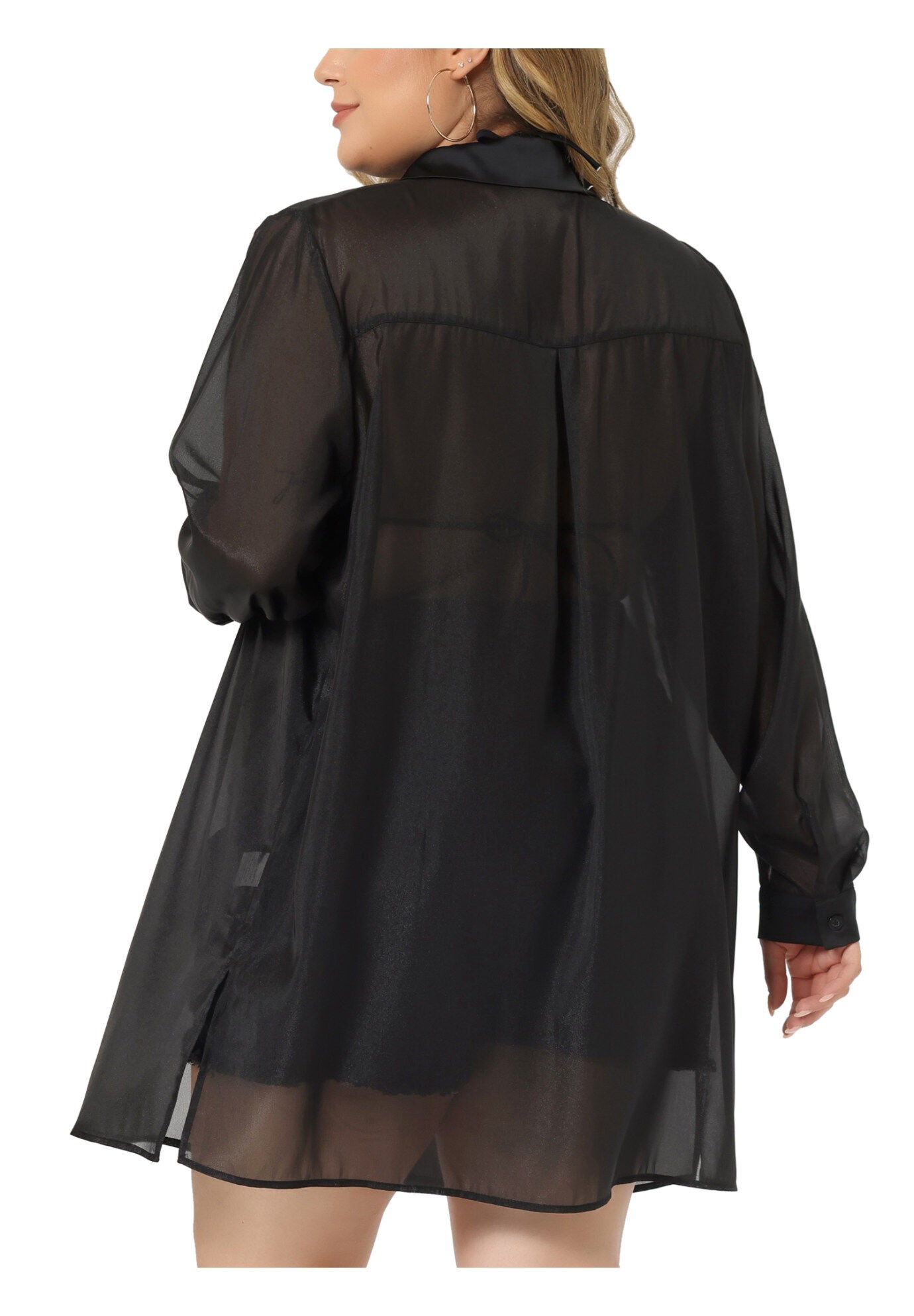 LONG SLEEVE BUTTON DOWN SOLID SHEER SHIRT TOP, Black / Black, alternate image number 1