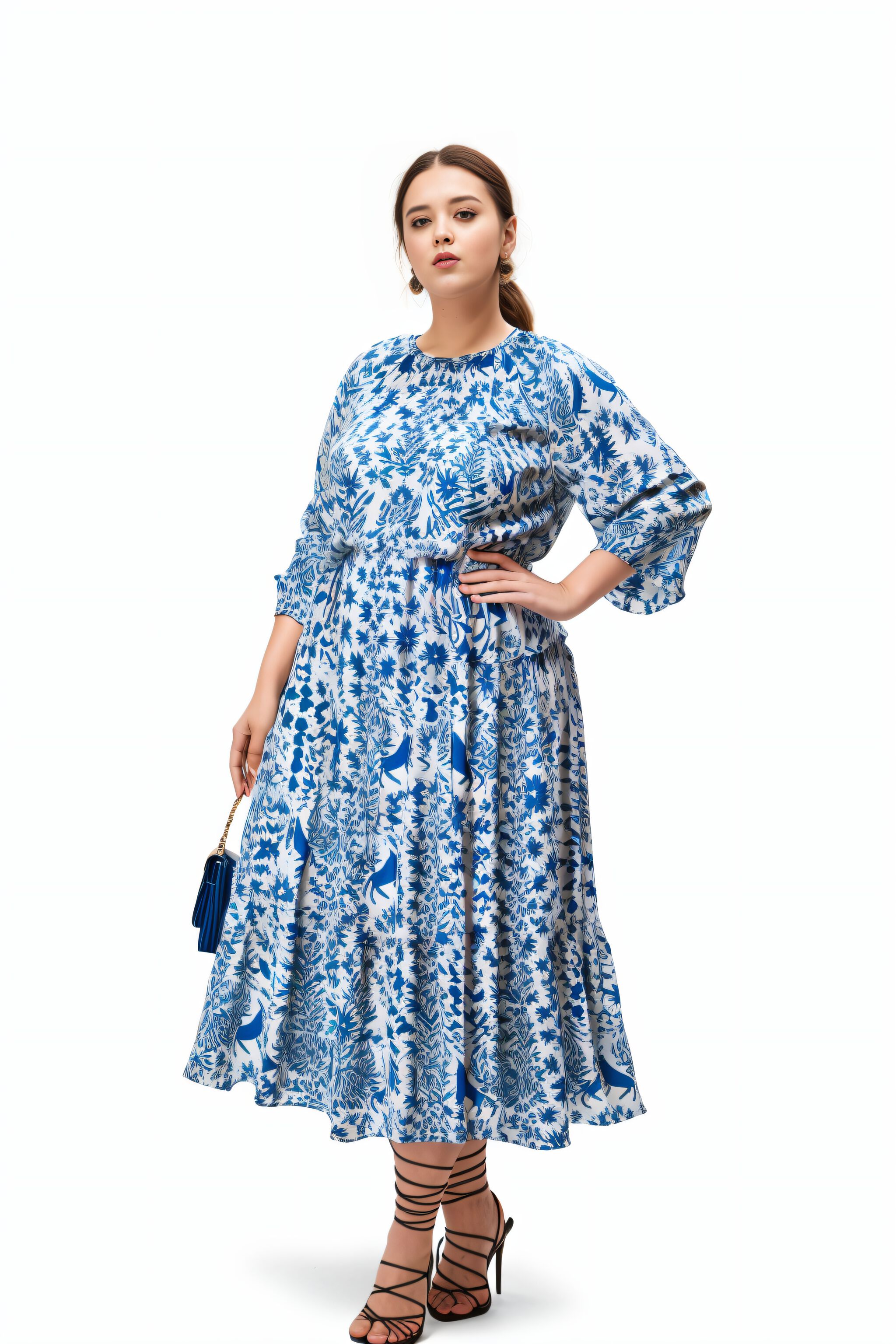 Flora Fauna Print Crepe Blousy Tiered Dress, White Blue / White, hi-res image number 0