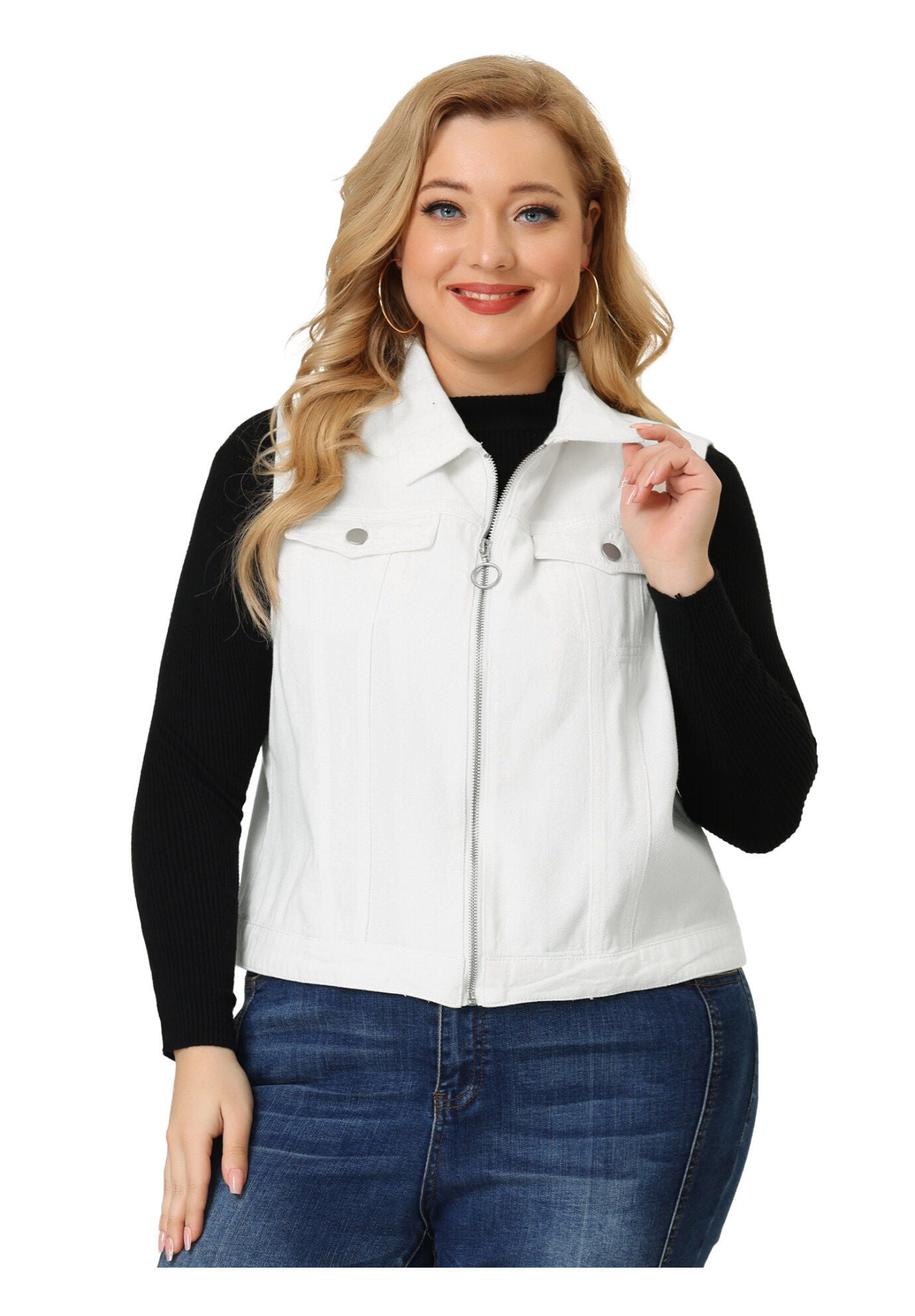 DENIM SLEEVELESS ZIP UP BUTTON DOWN JEANS JACKET VEST, White / White, alternate image number 3